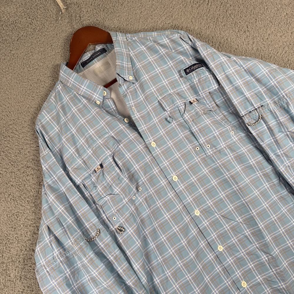 Columbia PFG Super Bahama Shirt Fishing Mens XL Blue Plaid Button‎ Down Vented